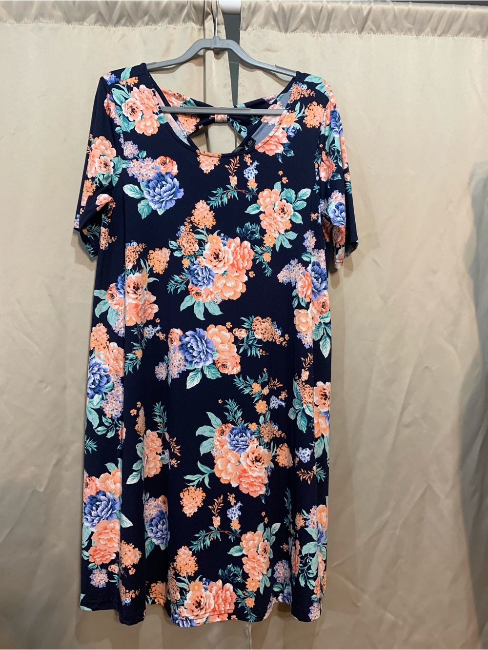 Nina Leonard Navy Floral Midi Dress with Coral & Lavender Blooms 95/2